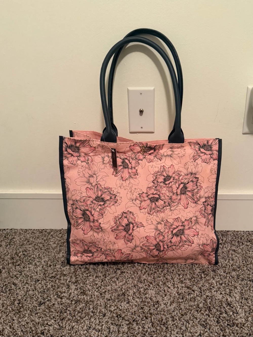 Victoria Secret Floral Pink Tote Bag with Black Trim